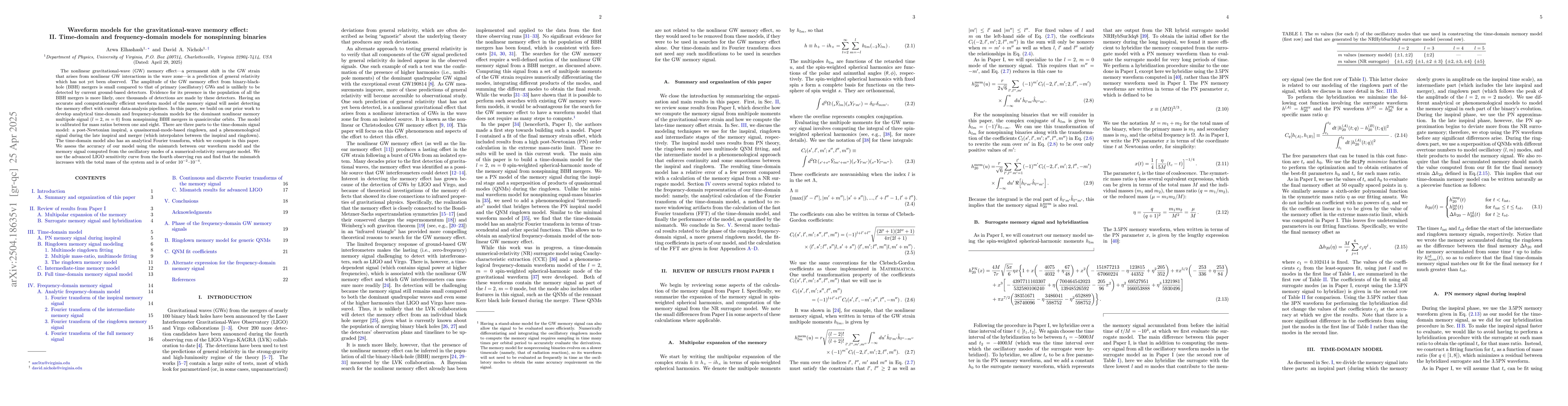 Thumbnail for Waveform models for the gravitational-wave memory effect: II.
  Time-domain and frequency-domain models for nonspinning binaries