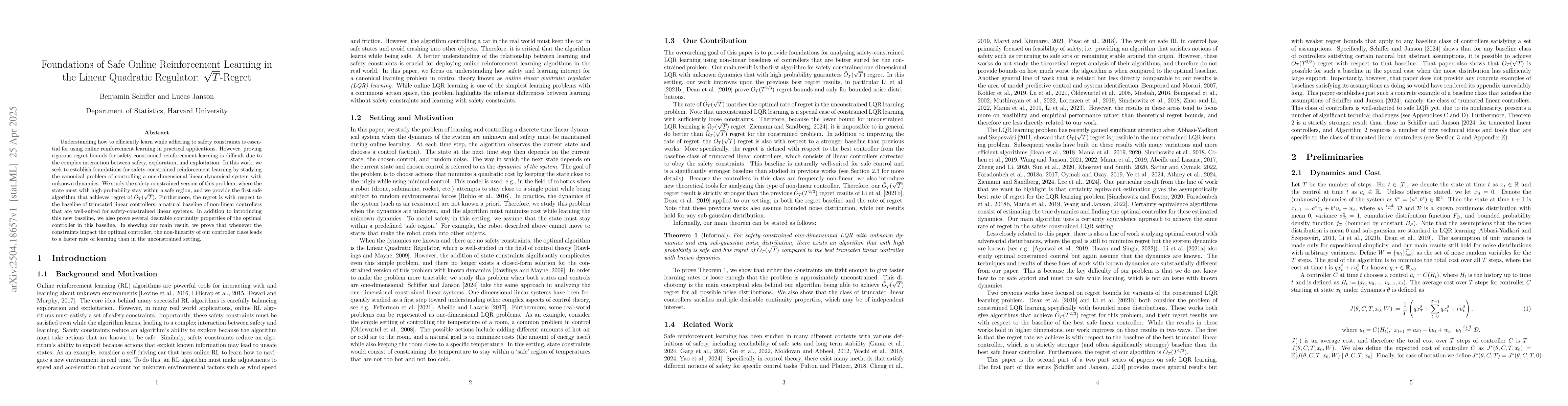 Thumbnail for Foundations of Safe Online Reinforcement Learning in the Linear
  Quadratic Regulator: $\sqrt{T}$-Regret
