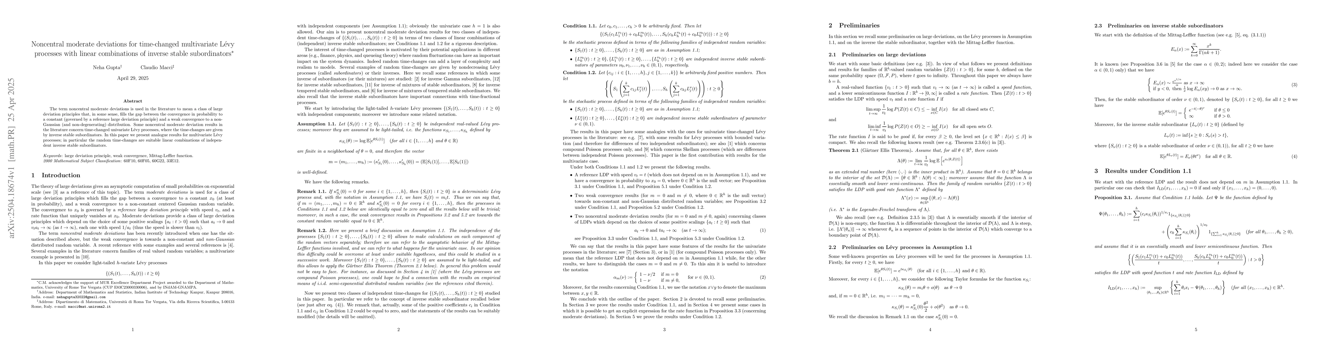 Thumbnail for Noncentral moderate deviations for time-changed multivariate Lévy
  processes with linear combinations of inverse stable subordinators