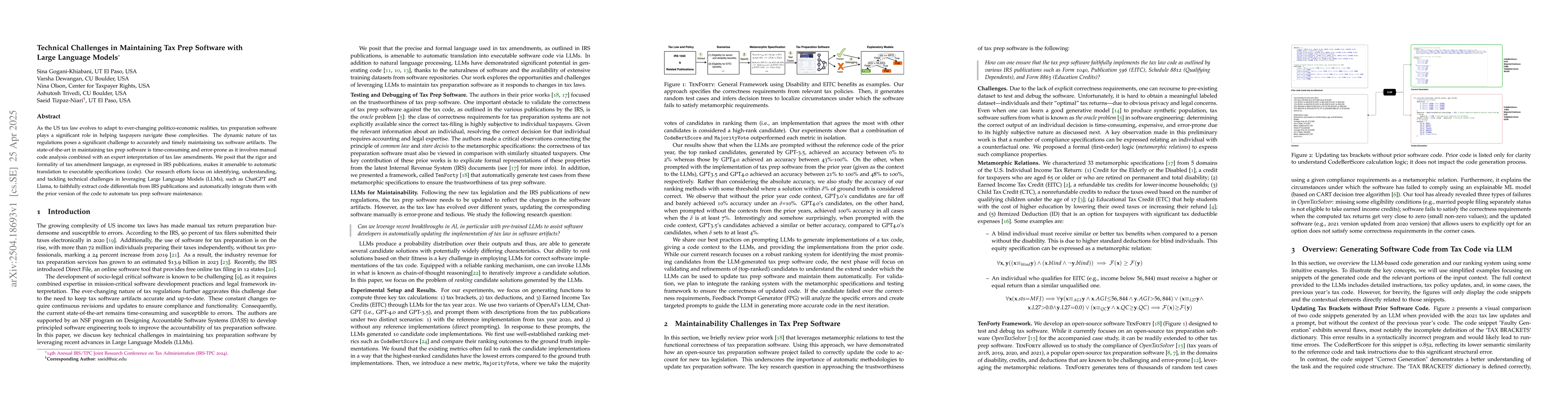 Thumbnail for Technical Challenges in Maintaining Tax Prep Software with Large
  Language Models