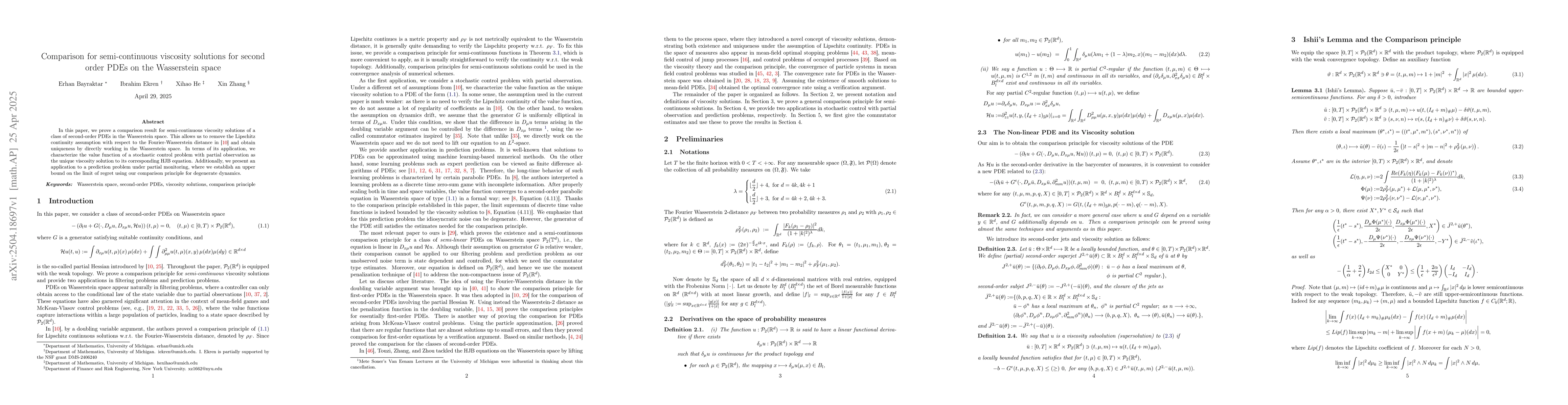 Thumbnail for Comparison for semi-continuous viscosity solutions for second order PDEs
  on the Wasserstein space