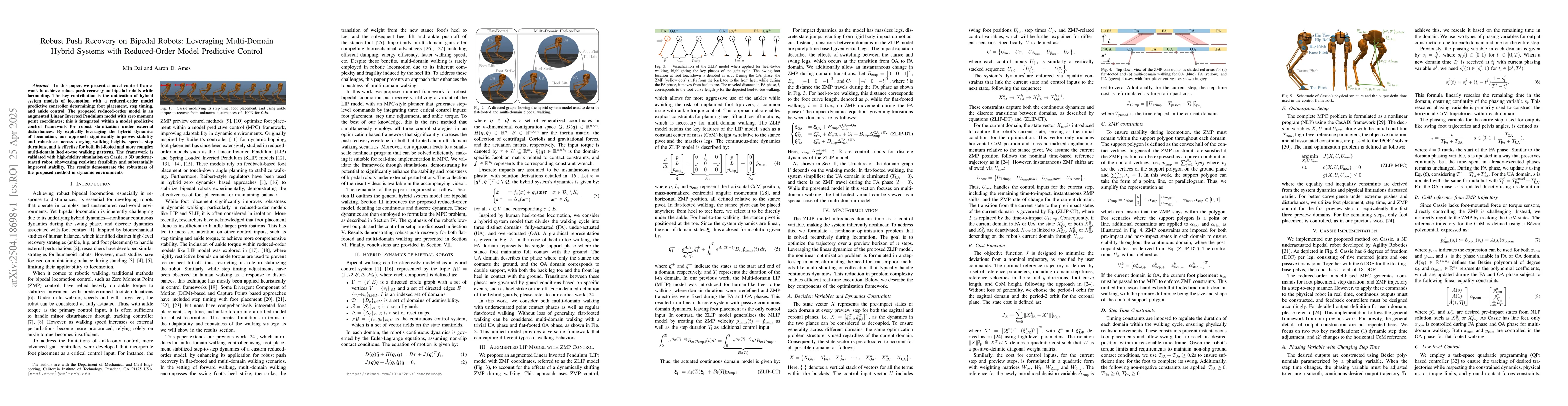 Thumbnail for Robust Push Recovery on Bipedal Robots: Leveraging Multi-Domain Hybrid
  Systems with Reduced-Order Model Predictive Control