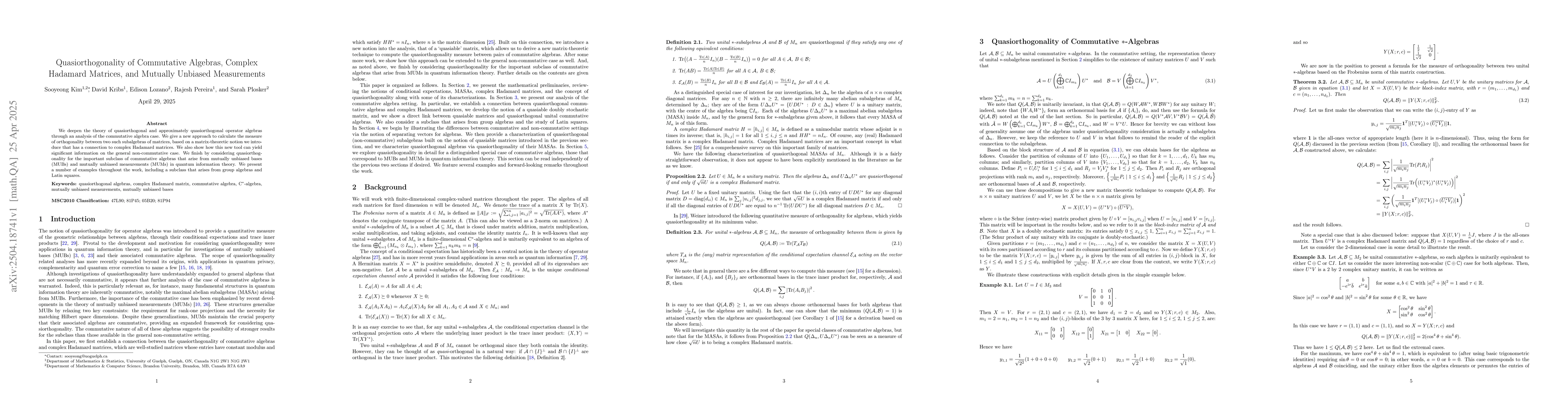 Thumbnail for Quasiorthogonality of Commutative Algebras, Complex Hadamard Matrices,
  and Mutually Unbiased Measurements
