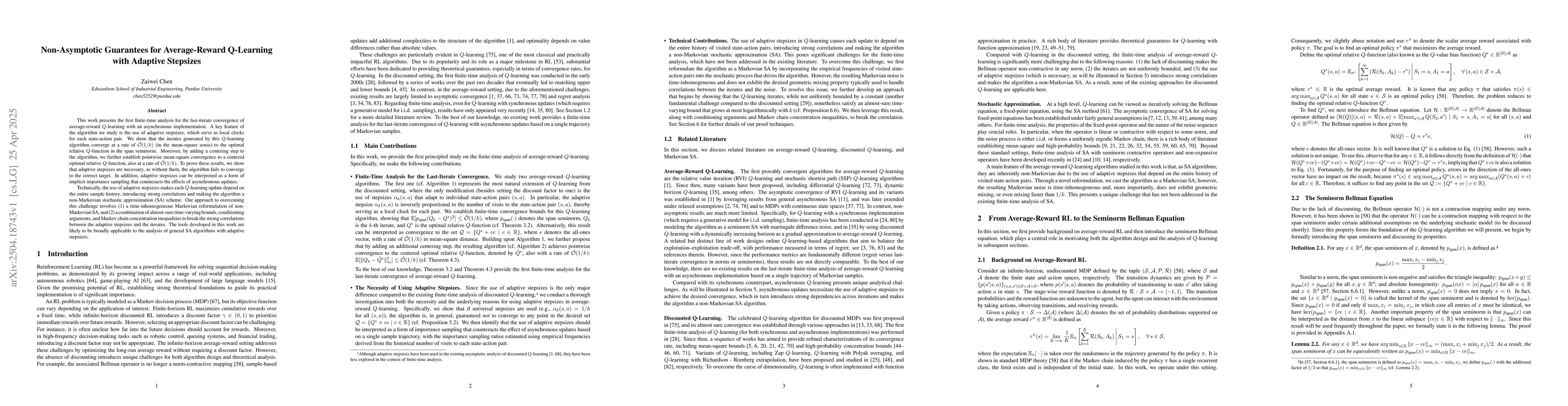 Thumbnail for Non-Asymptotic Guarantees for Average-Reward Q-Learning with Adaptive
  Stepsizes