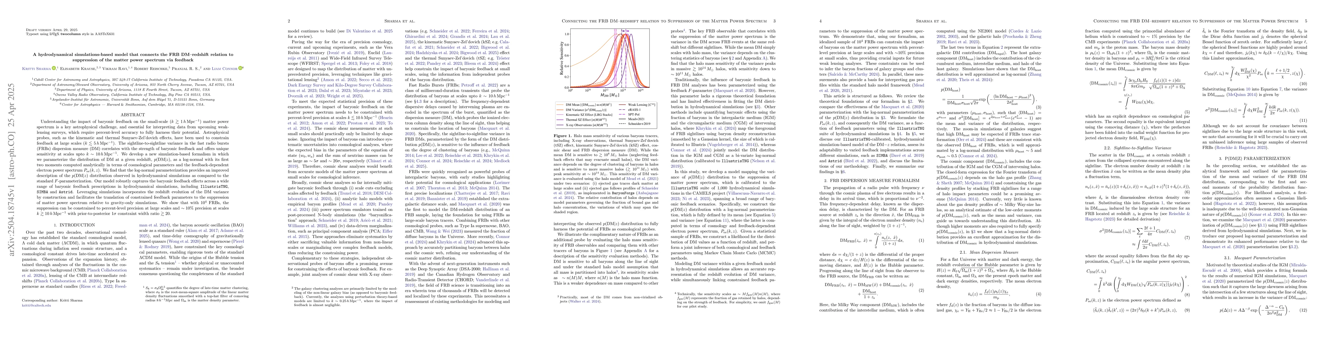 Thumbnail for A hydrodynamical simulations-based model that connects the FRB
  DM--redshift relation to suppression of the matter power spectrum via
  feedback