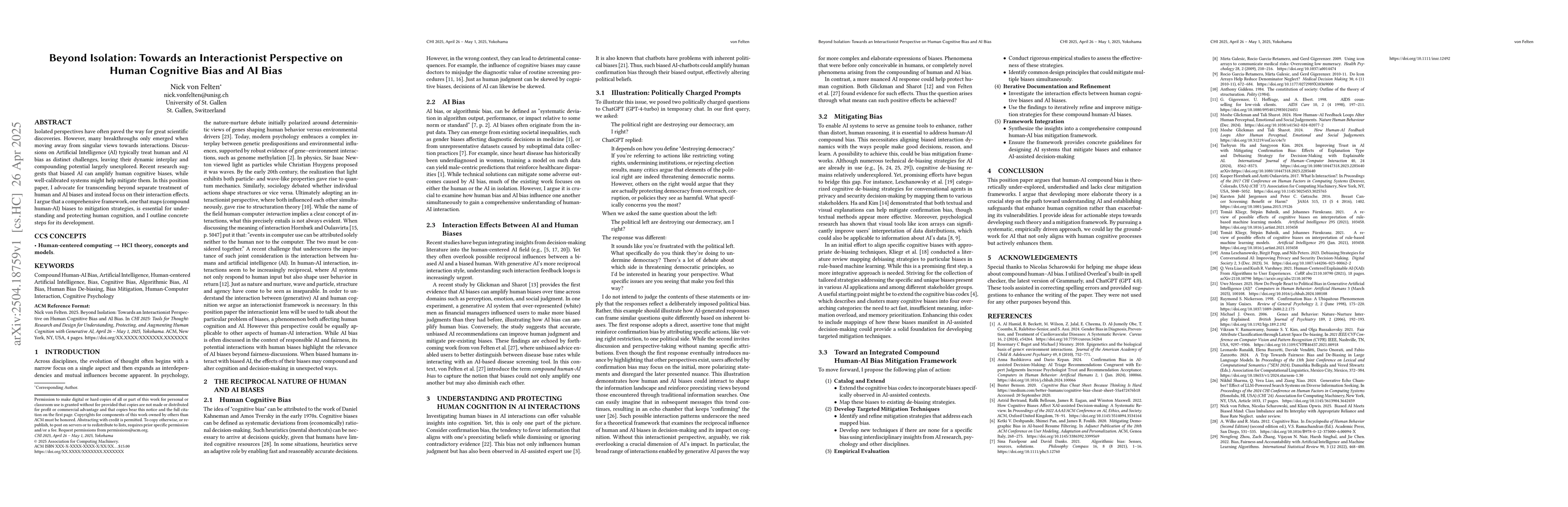 Thumbnail for Beyond Isolation: Towards an Interactionist Perspective on Human
  Cognitive Bias and AI Bias