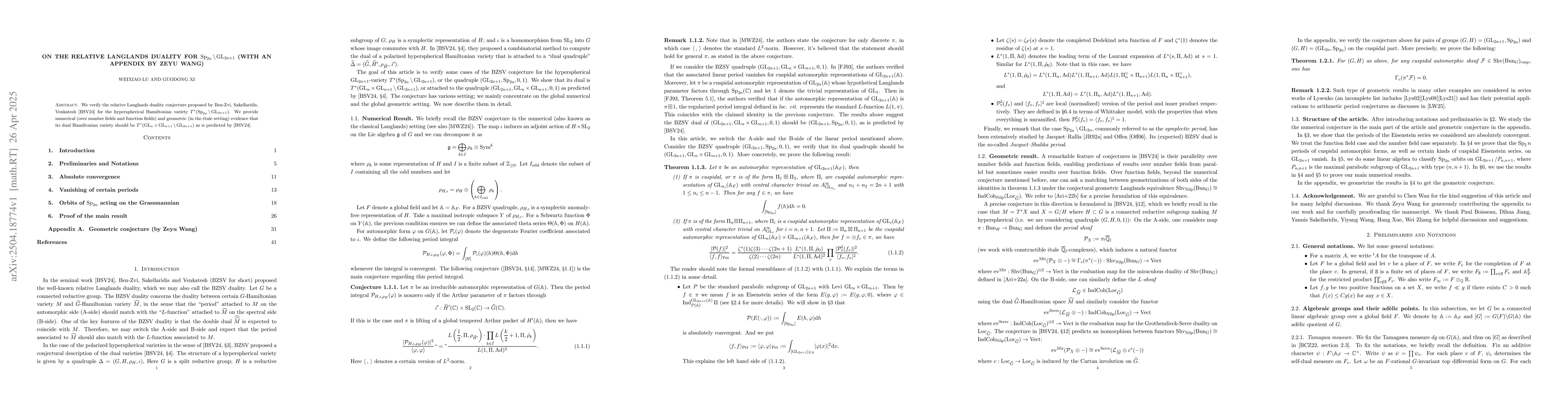 Thumbnail for On the relative Langlands duality for $\operatorname{Sp}_{2n} \backslash
  \operatorname{GL}_{2n+1}$ (with an appendix by Zeyu Wang)