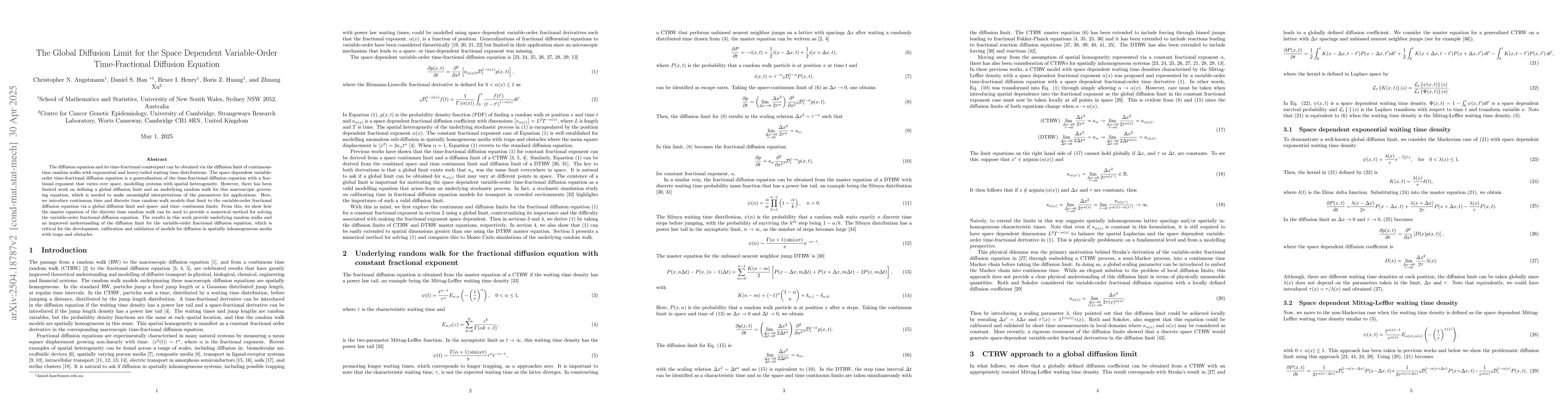 Thumbnail for The Global Diffusion Limit for the Space Dependent Variable-Order
  Time-Fractional Diffusion Equation