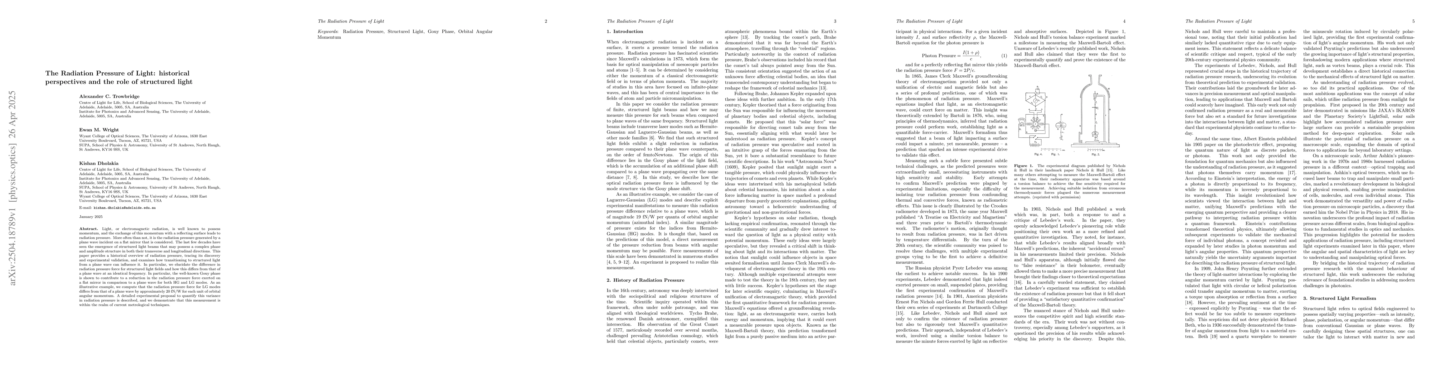 Thumbnail for The Radiation Pressure of Light: historical perspectives and the role of
  structured light
