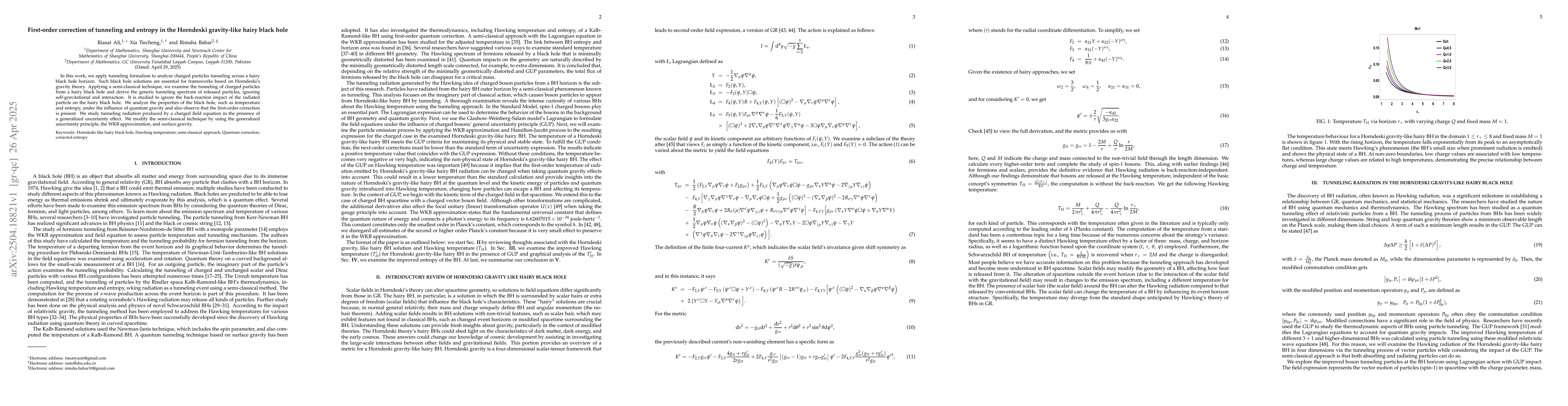 Thumbnail for First-order correction of tunneling and entropy in the Horndeski
  gravity-like hairy black hole