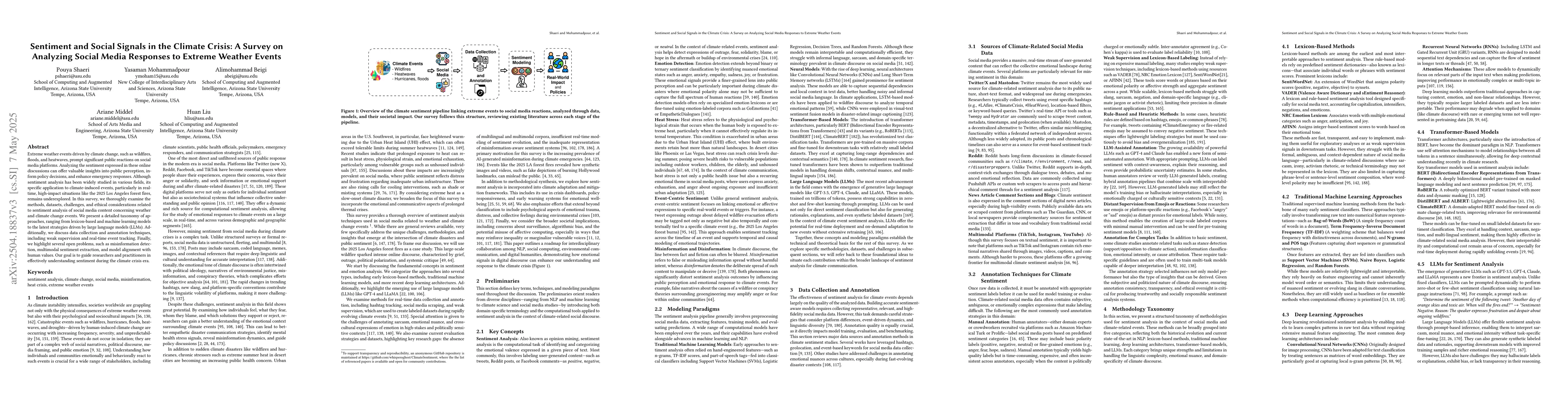 Thumbnail for Sentiment and Social Signals in the Climate Crisis: A Survey on
  Analyzing Social Media Responses to Extreme Weather Events