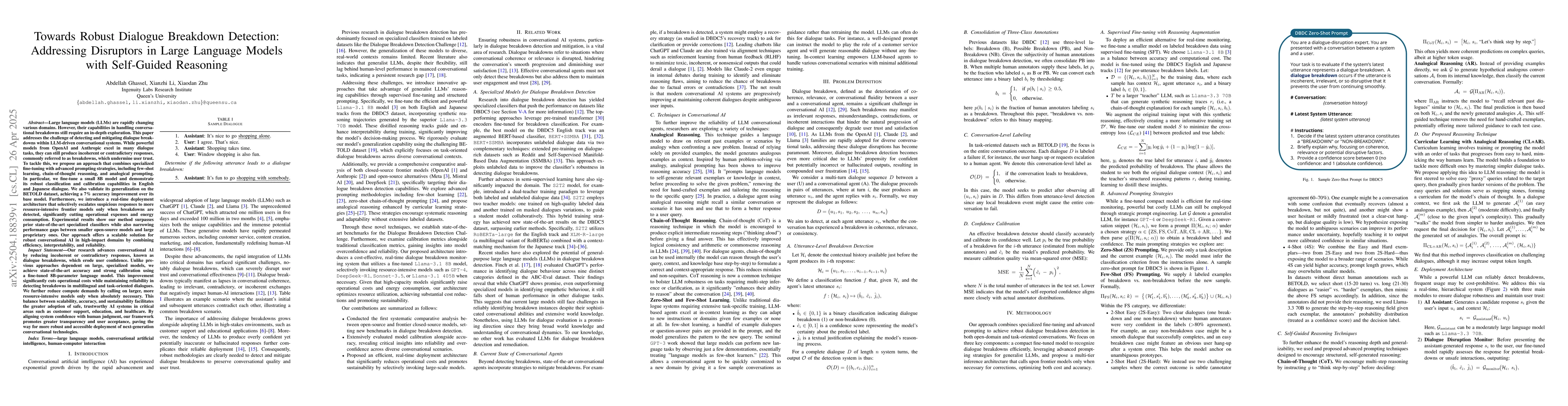Thumbnail for Towards Robust Dialogue Breakdown Detection: Addressing Disruptors in
  Large Language Models with Self-Guided Reasoning