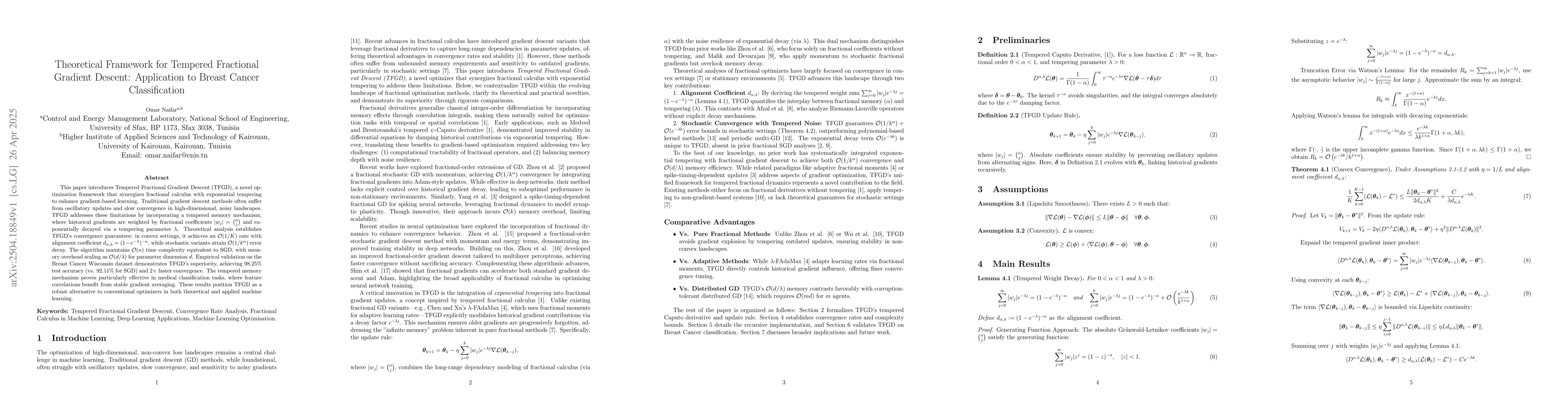 Thumbnail for Theoretical Framework for Tempered Fractional Gradient Descent:
  Application to Breast Cancer Classification