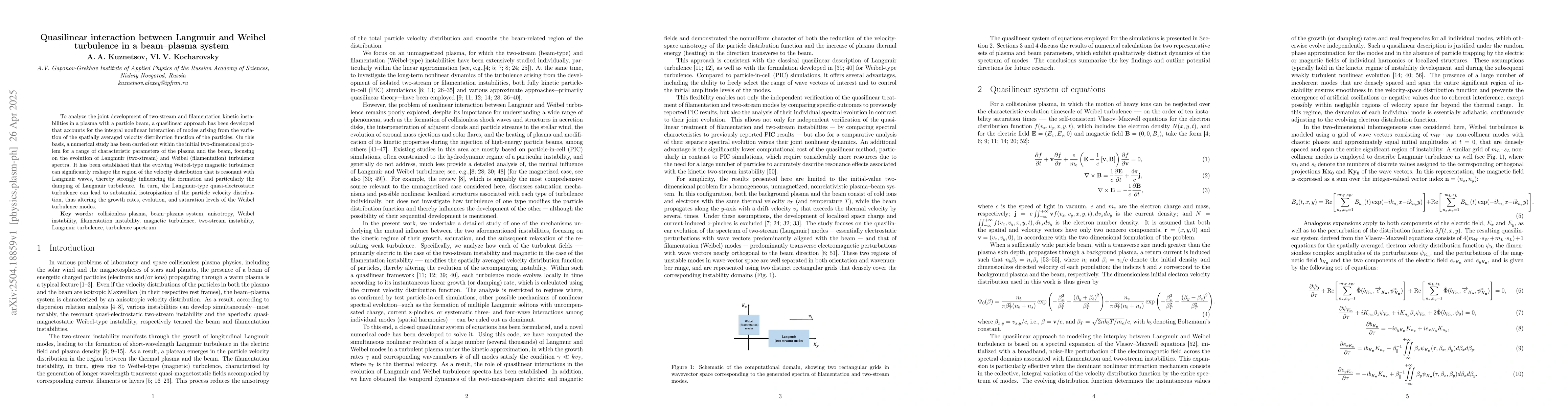 Thumbnail for Quasilinear interaction between Langmuir and Weibel turbulence in a
  beam-plasma system