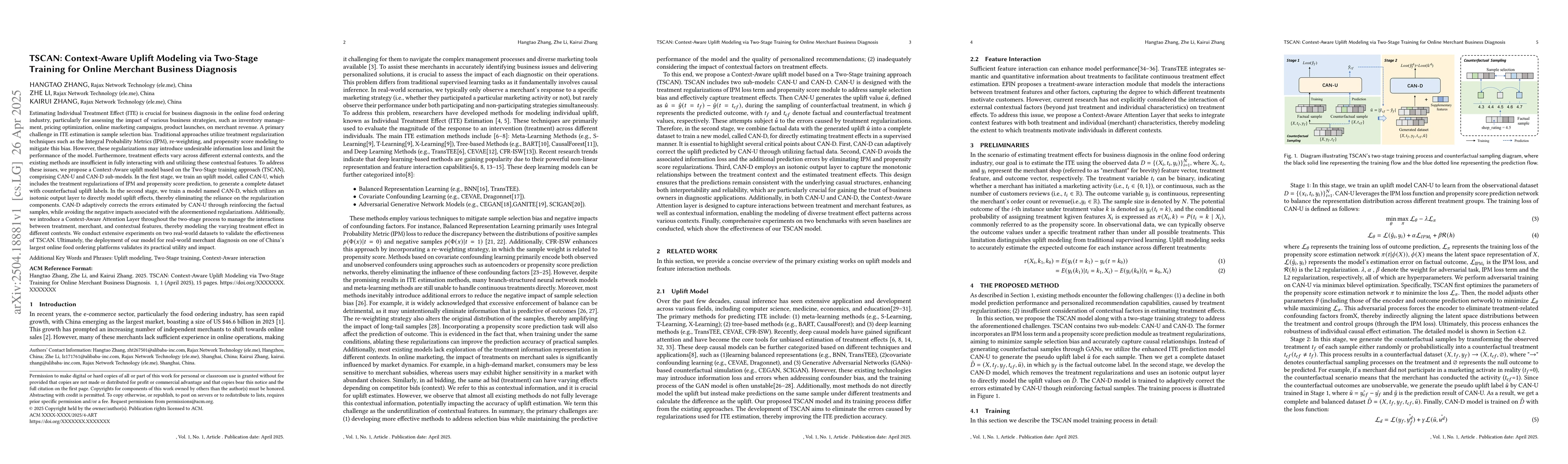 Thumbnail for TSCAN: Context-Aware Uplift Modeling via Two-Stage Training for Online
  Merchant Business Diagnosis