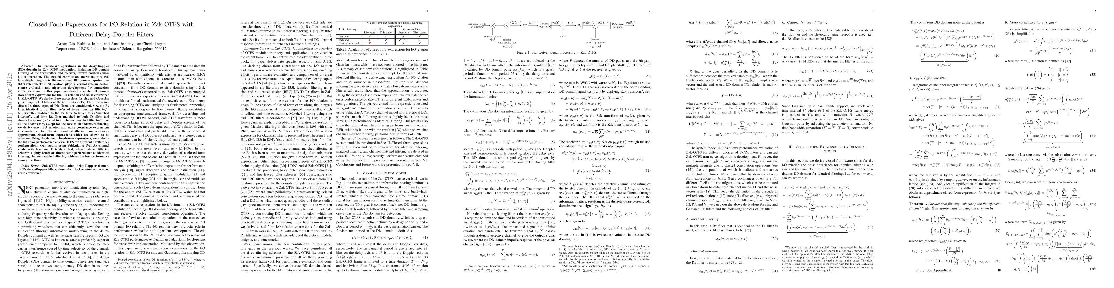 Thumbnail for Closed-Form Expressions for I/O Relation in Zak-OTFS with Different
  Delay-Doppler Filters