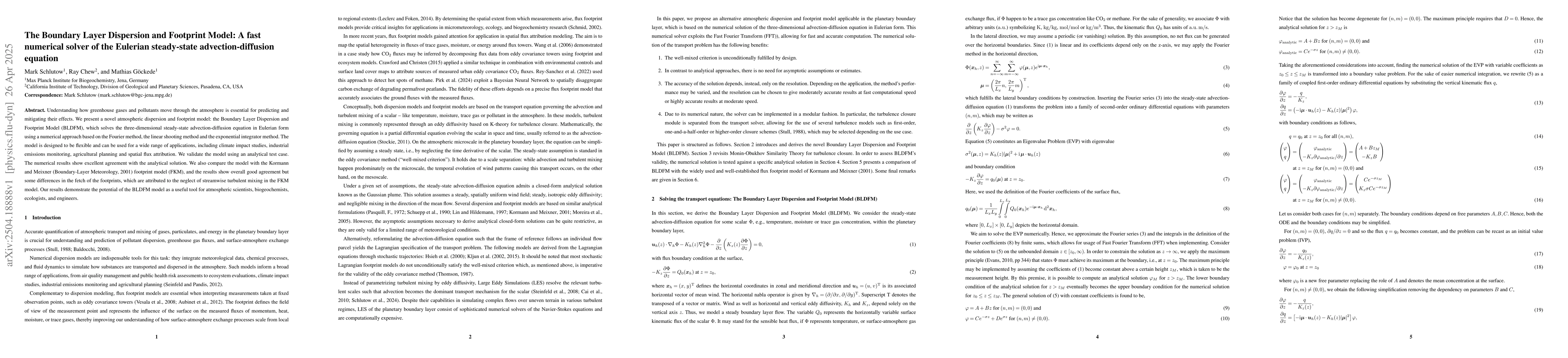 Thumbnail for The Boundary Layer Dispersion and Footprint Model: A fast numerical
  solver of the Eulerian steady-state advection-diffusion equation