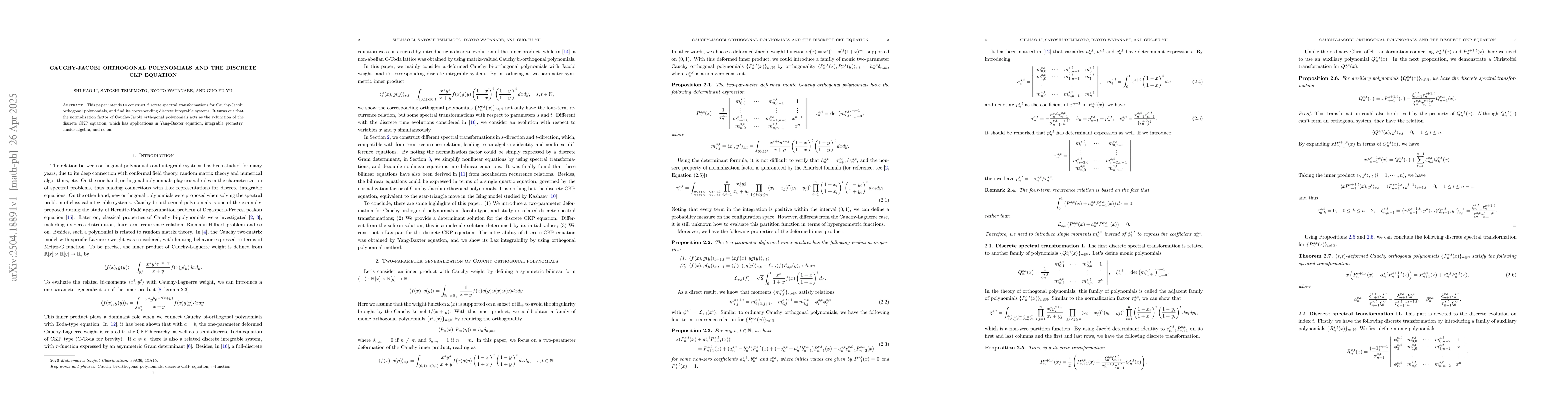Thumbnail for Cauchy-Jacobi orthogonal polynomials and the discrete CKP equation