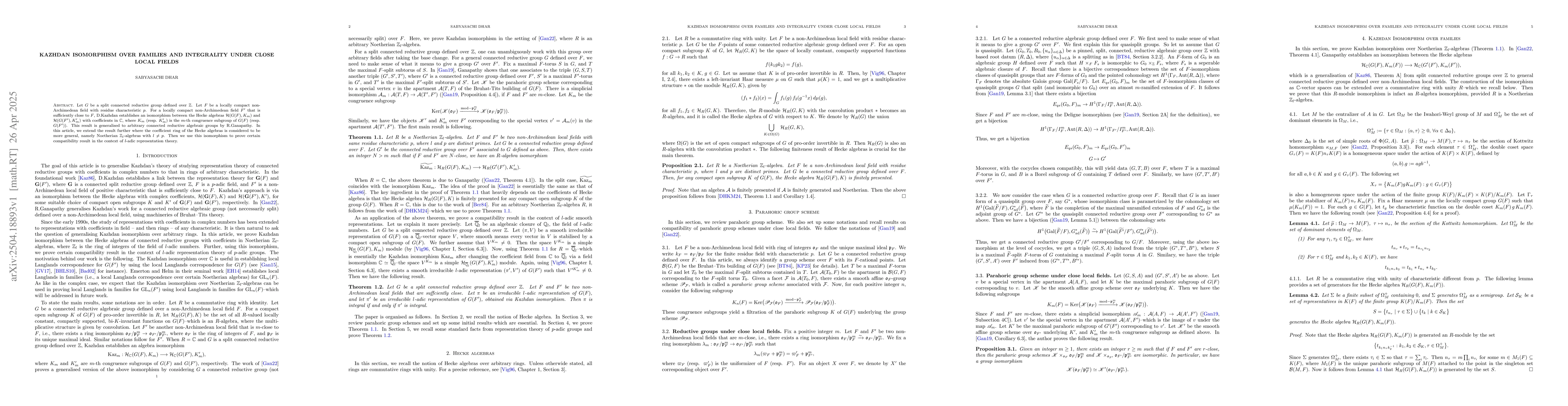 Thumbnail for Kazhdan isomorphism over families and integrality under close local
  fields