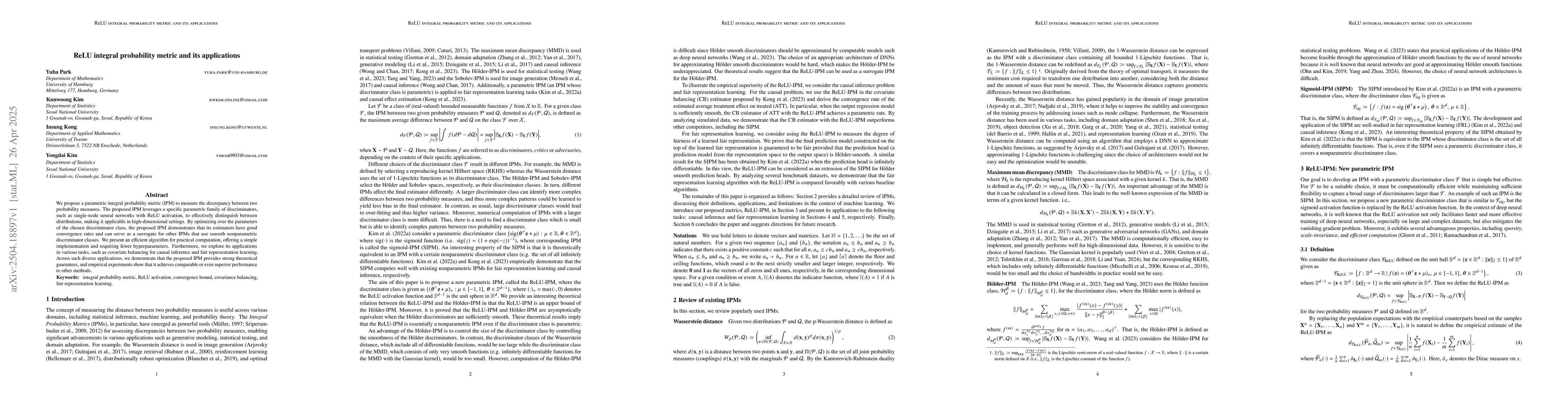 Thumbnail for ReLU integral probability metric and its applications