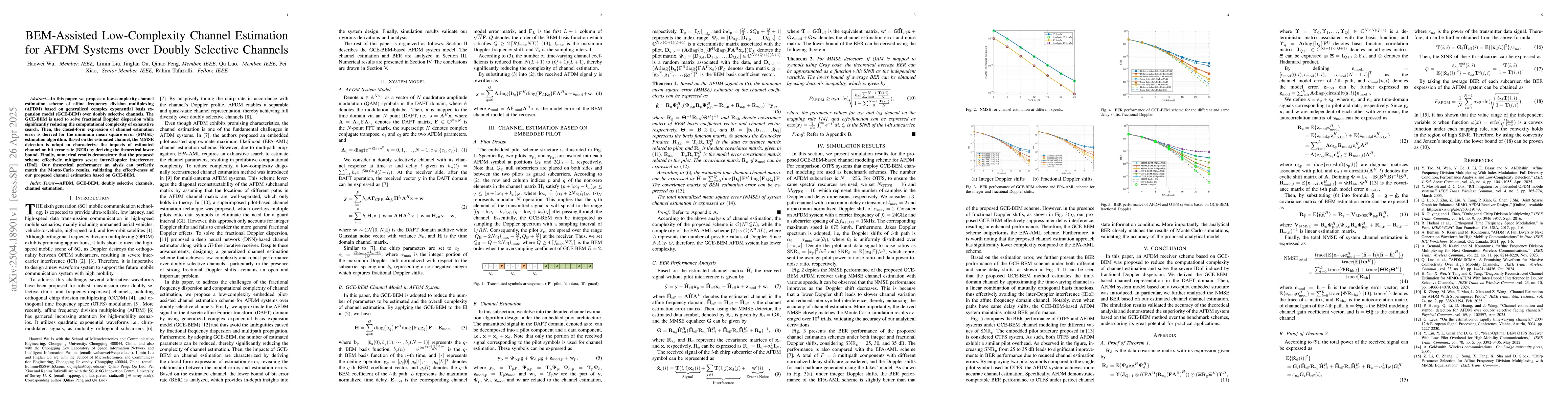 Thumbnail for BEM-Assisted Low-Complexity Channel Estimation for AFDM Systems over
  Doubly Selective Channels
