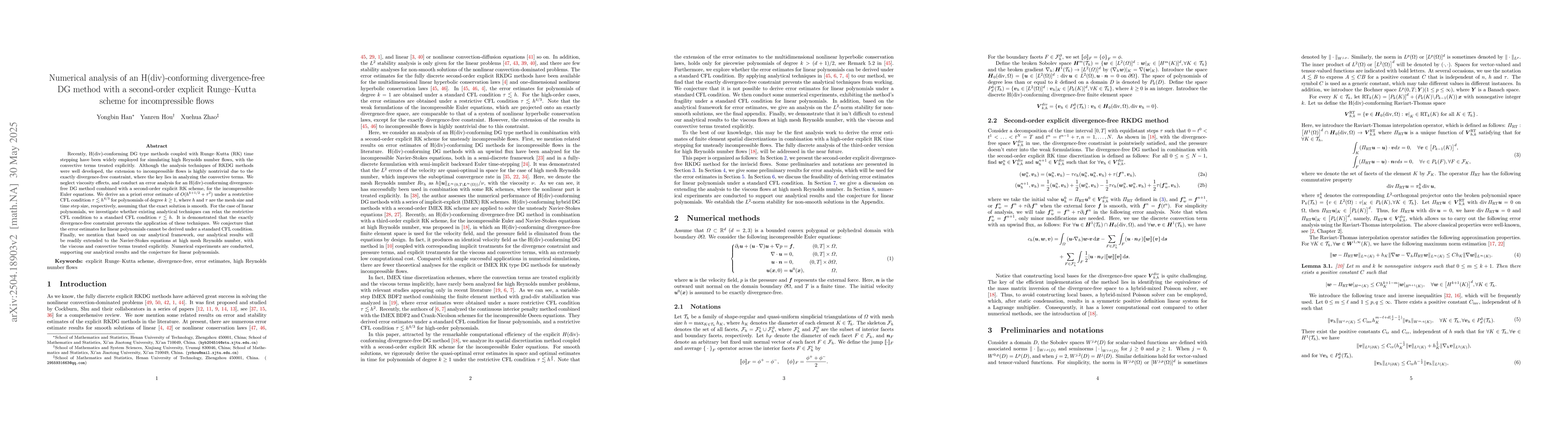 Thumbnail for Numerical analysis of an H(div)-conforming divergence-free discontinuous
  Galerkin method with a second-order explicit Runge-Kutta scheme for the
  incompressible Euler equations