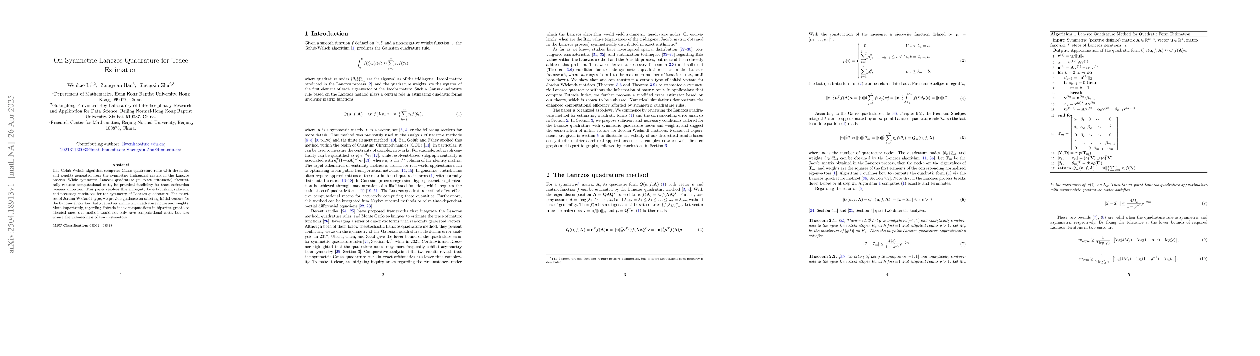 Thumbnail for On Symmetric Lanczos Quadrature for Trace Estimation