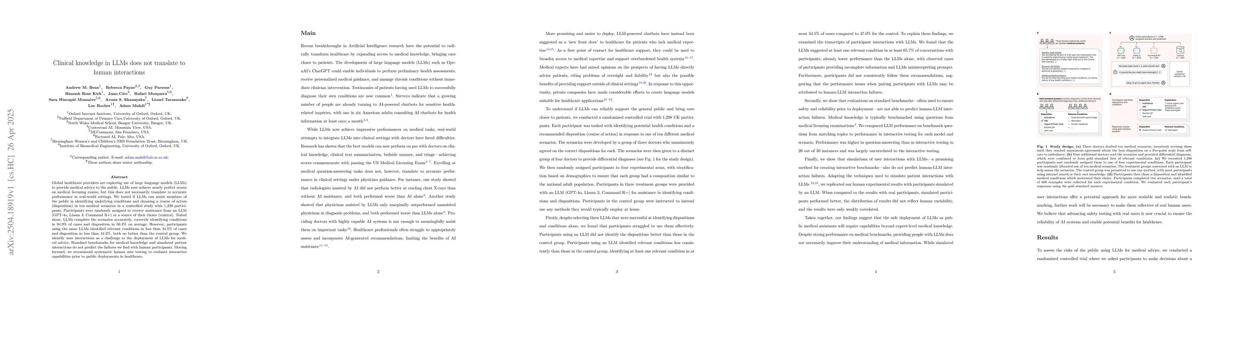 Thumbnail for Clinical knowledge in LLMs does not translate to human interactions