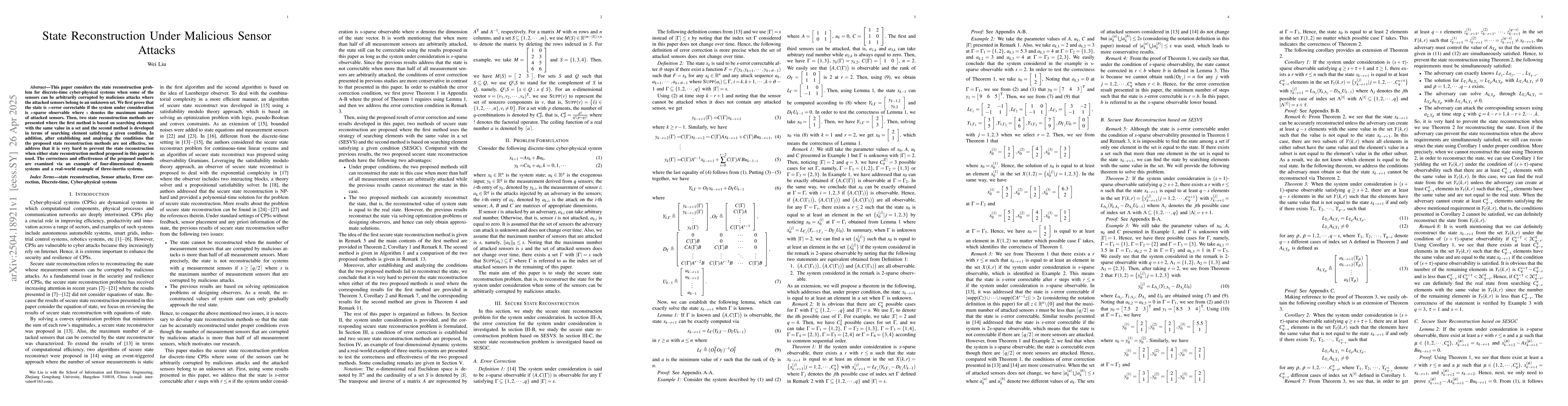 Thumbnail for State Reconstruction Under Malicious Sensor Attacks