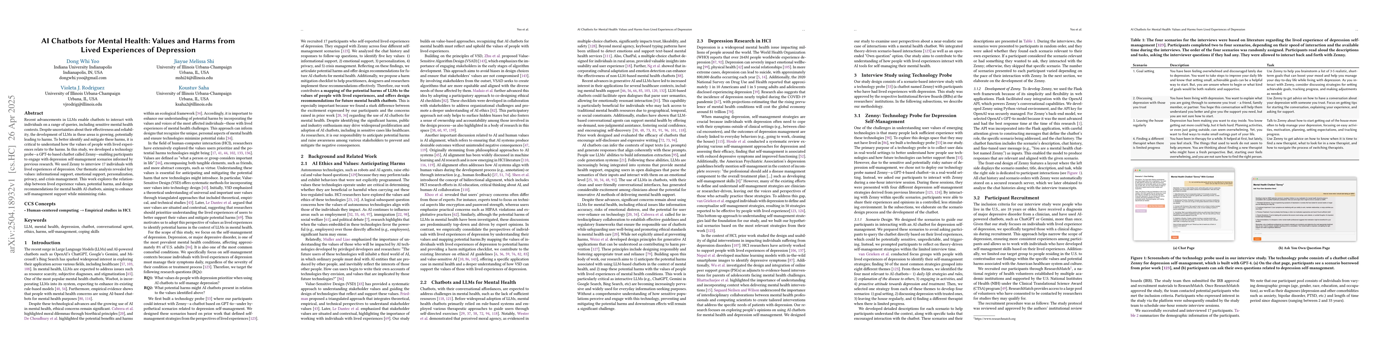 Thumbnail for AI Chatbots for Mental Health: Values and Harms from Lived Experiences
  of Depression
