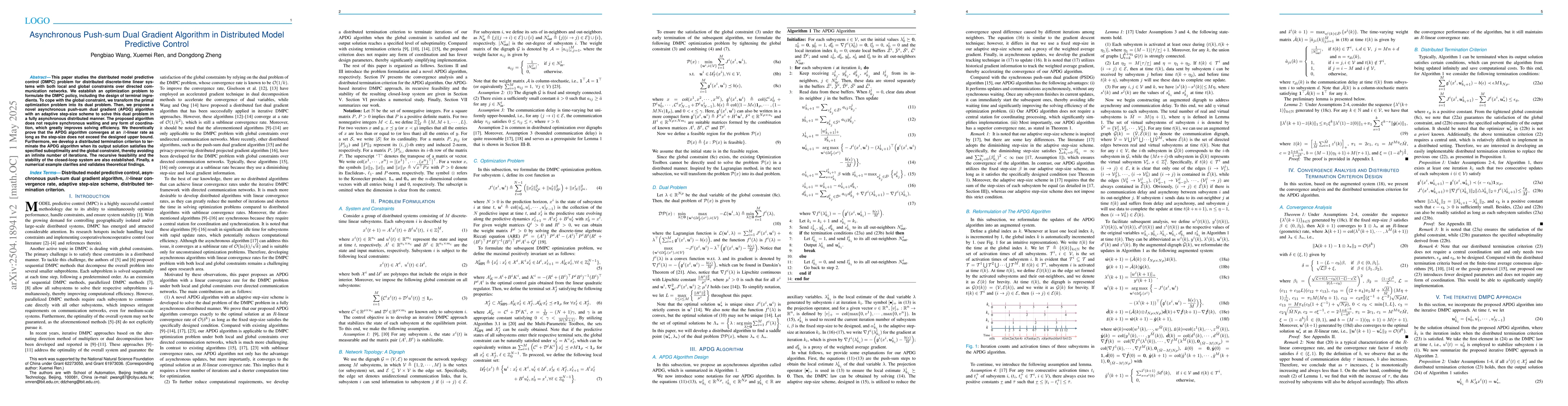 Thumbnail for Asynchronous Push-sum Dual Gradient Algorithm in Distributed Model
  Predictive Control