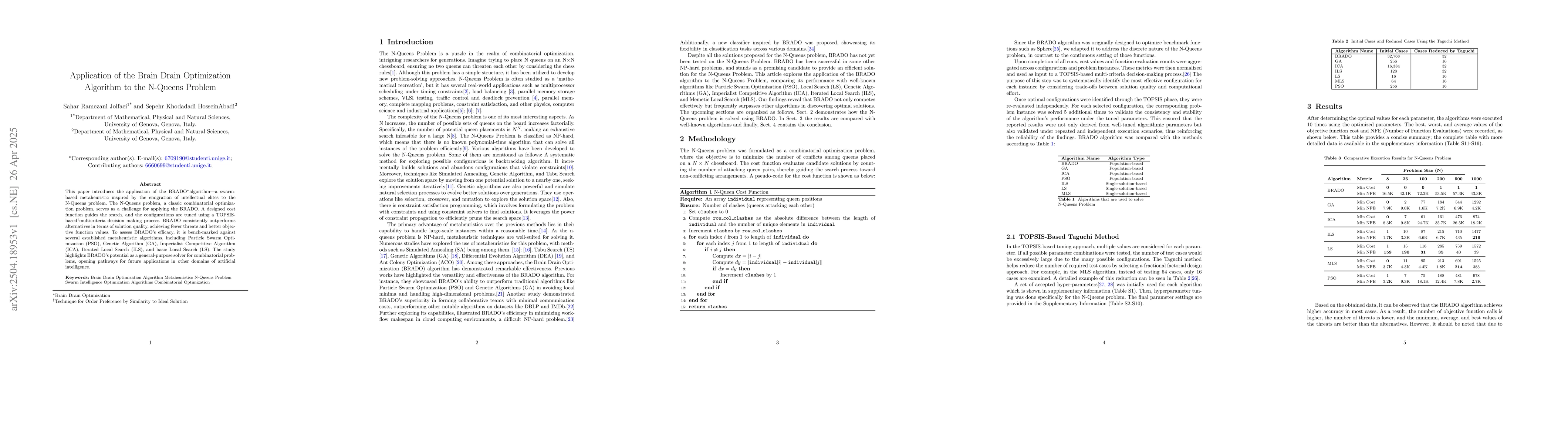 Thumbnail for Application of the Brain Drain Optimization Algorithm to the N-Queens
  Problem