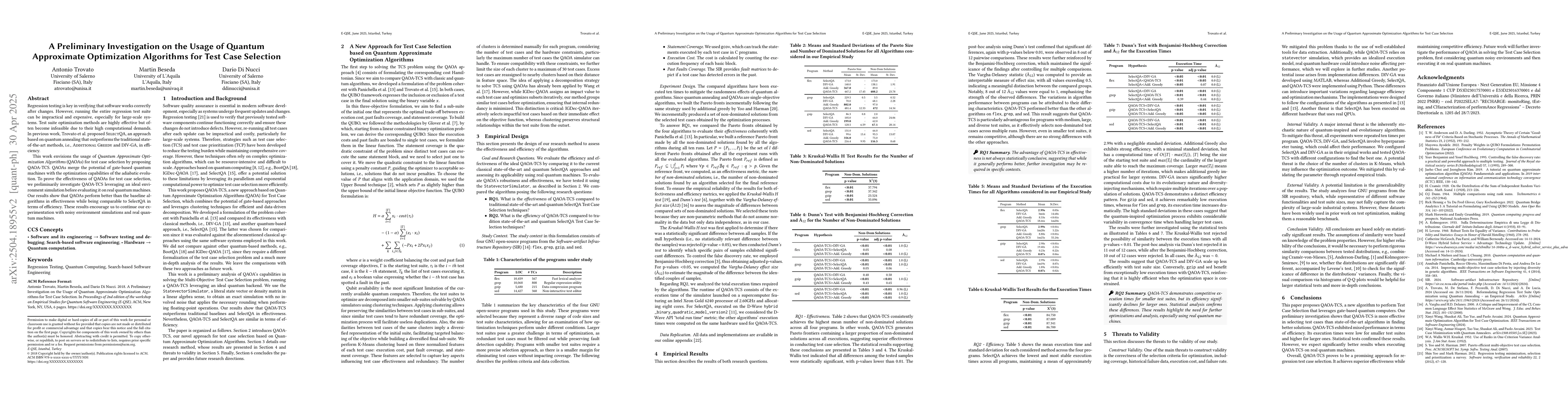 Thumbnail for A Preliminary Investigation on the Usage of Quantum Approximate
  Optimization Algorithms for Test Case Selection
