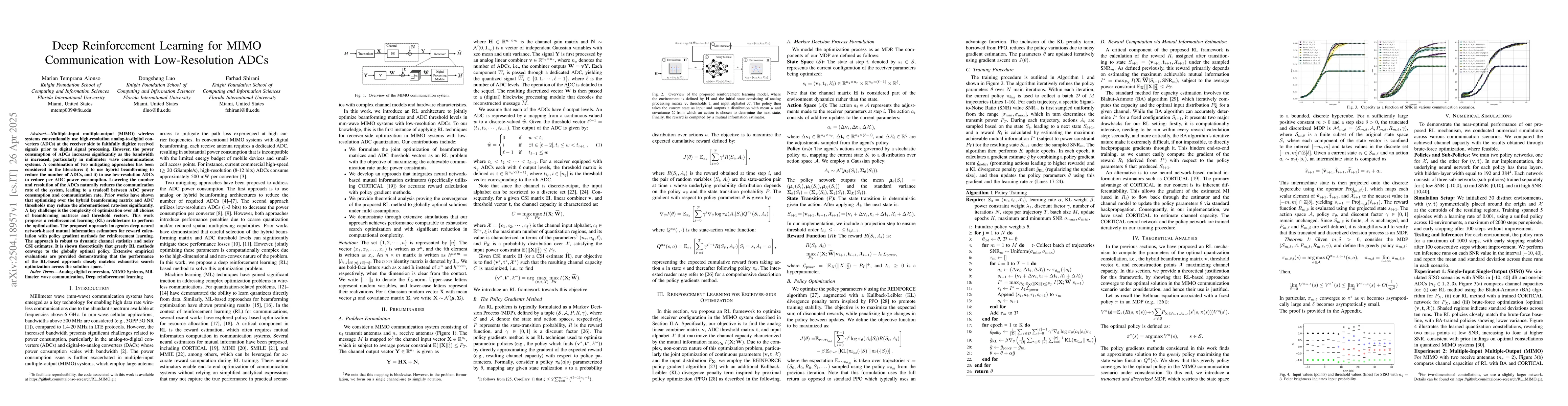 Thumbnail for Deep Reinforcement Learning for MIMO Communication with Low-Resolution
  ADCs