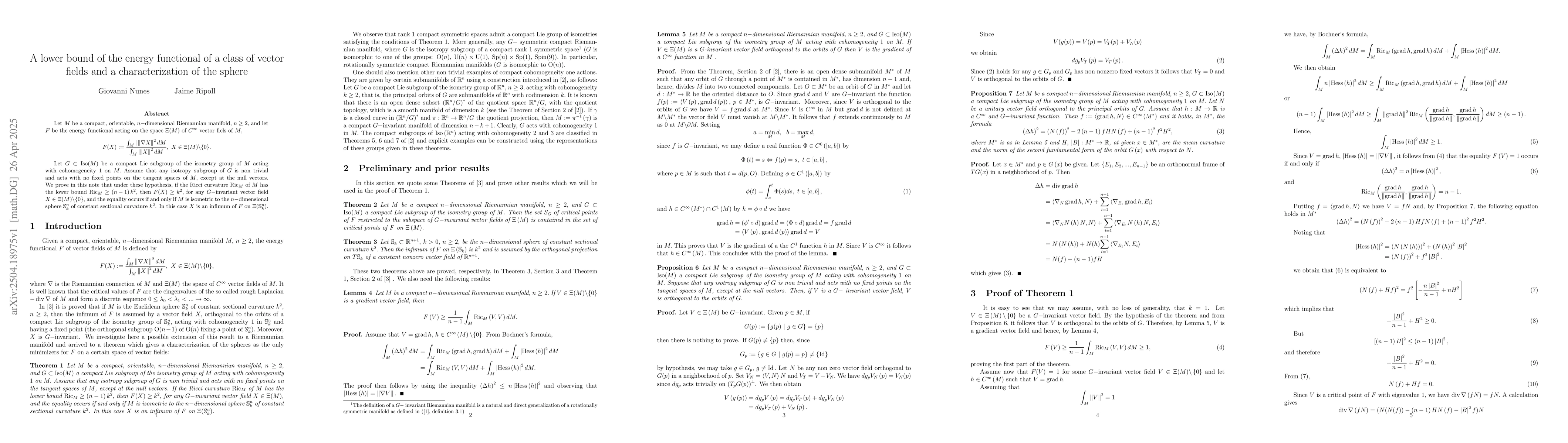 Thumbnail for A lower bound of the energy functional of a class of vector fields and a
  characterization of the sphere