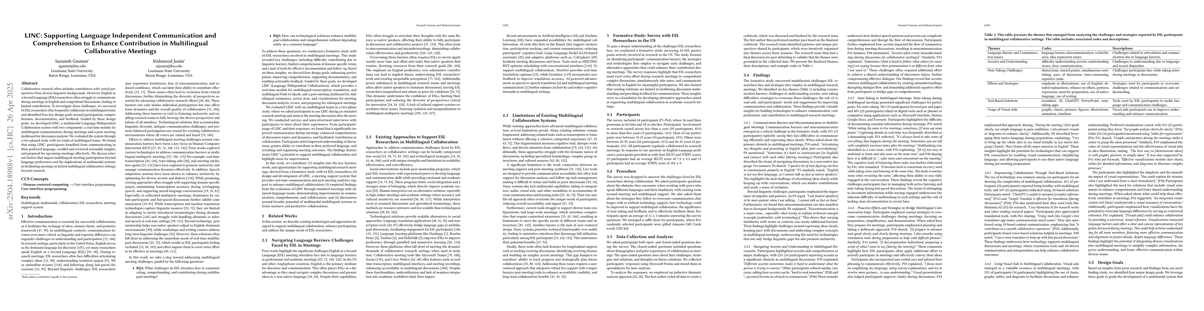 Thumbnail for LINC: Supporting Language Independent Communication and Comprehension to
  Enhance Contribution in Multilingual Collaborative Meetings