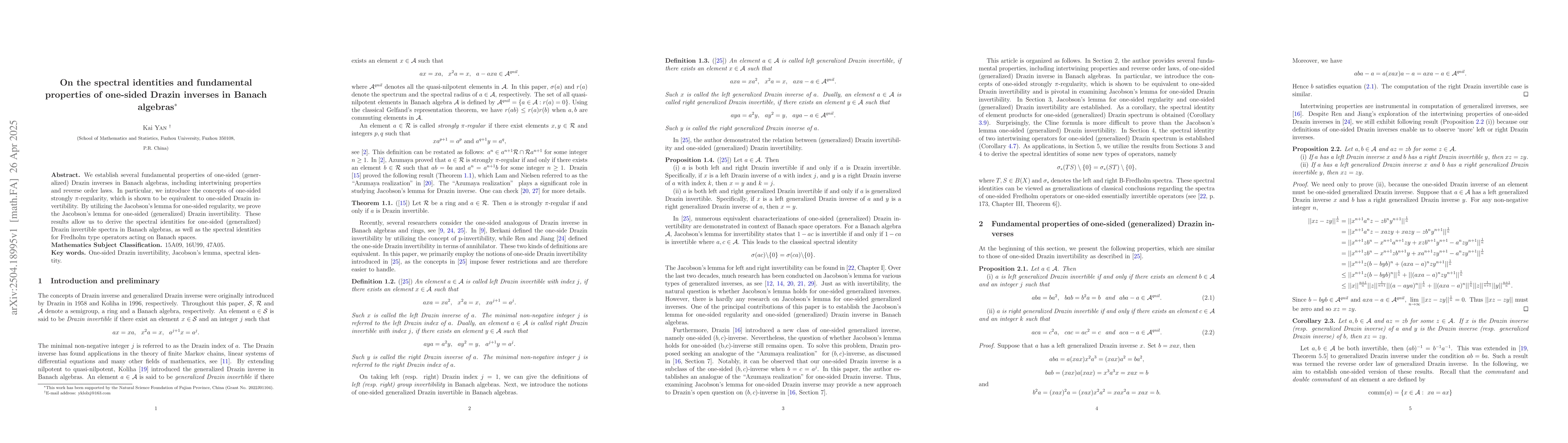 Thumbnail for On the spectral identities and fundamental properties of one-sided
  Drazin inverses in Banach algebras