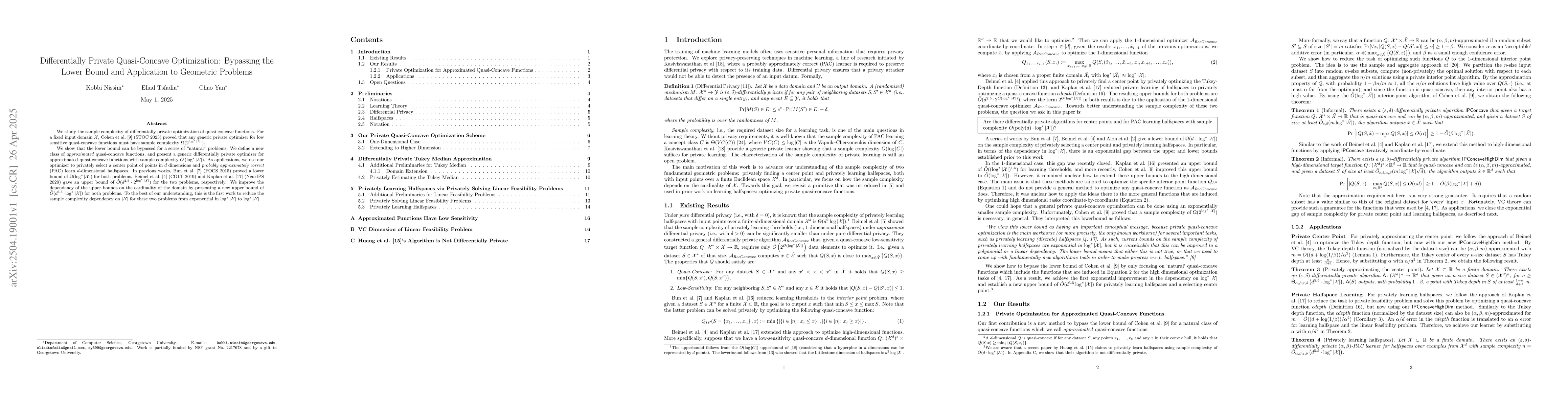 Thumbnail for Differentially Private Quasi-Concave Optimization: Bypassing the Lower
  Bound and Application to Geometric Problems