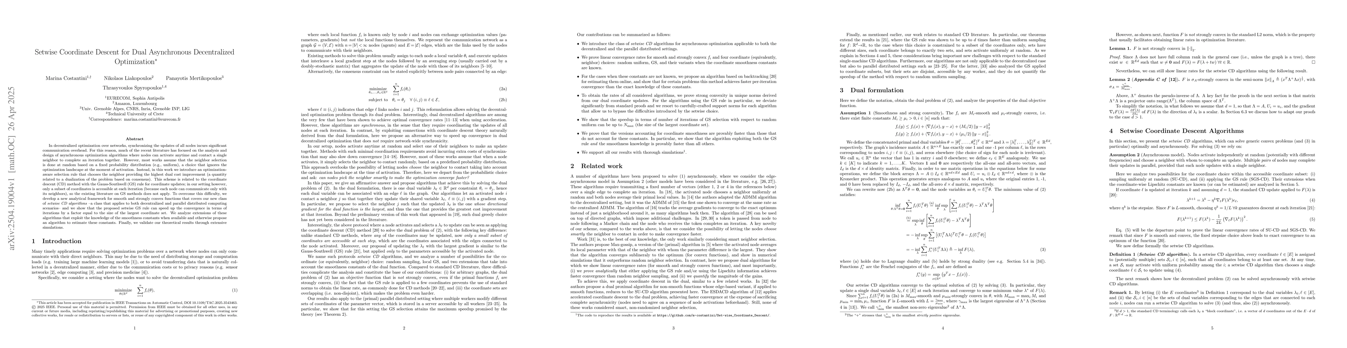 Thumbnail for Setwise Coordinate Descent for Dual Asynchronous Decentralized
  Optimization