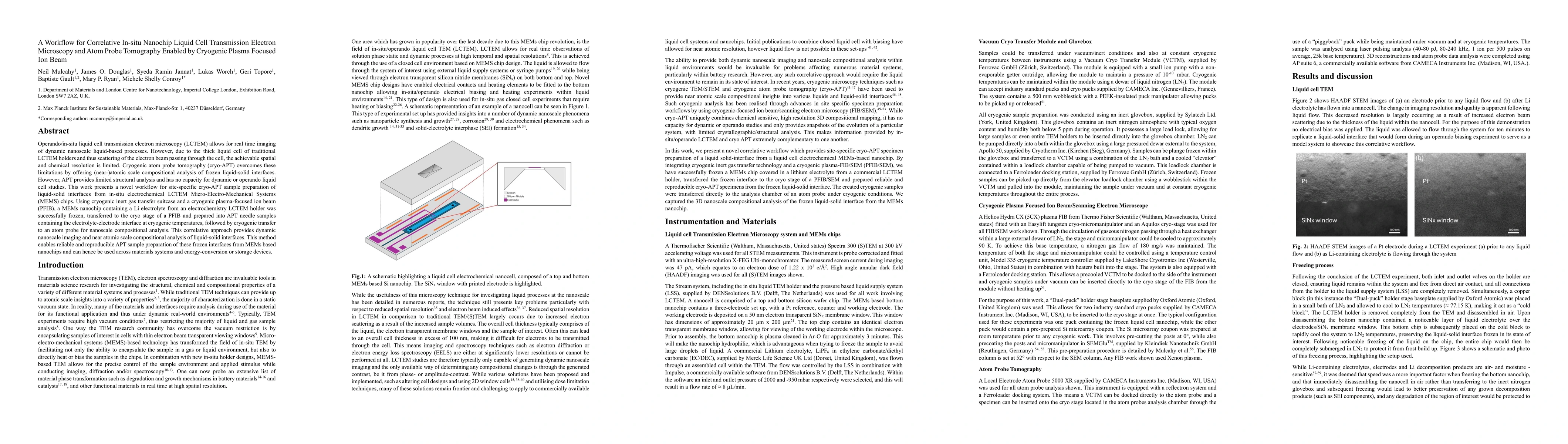 Thumbnail for A Workflow for Correlative in-situ Nano-chip Liquid Cell Transmission
  Electron Microscopy and Atom Probe Tomography Enabled by Cryogenic Plasma
  Focused Ion Beam