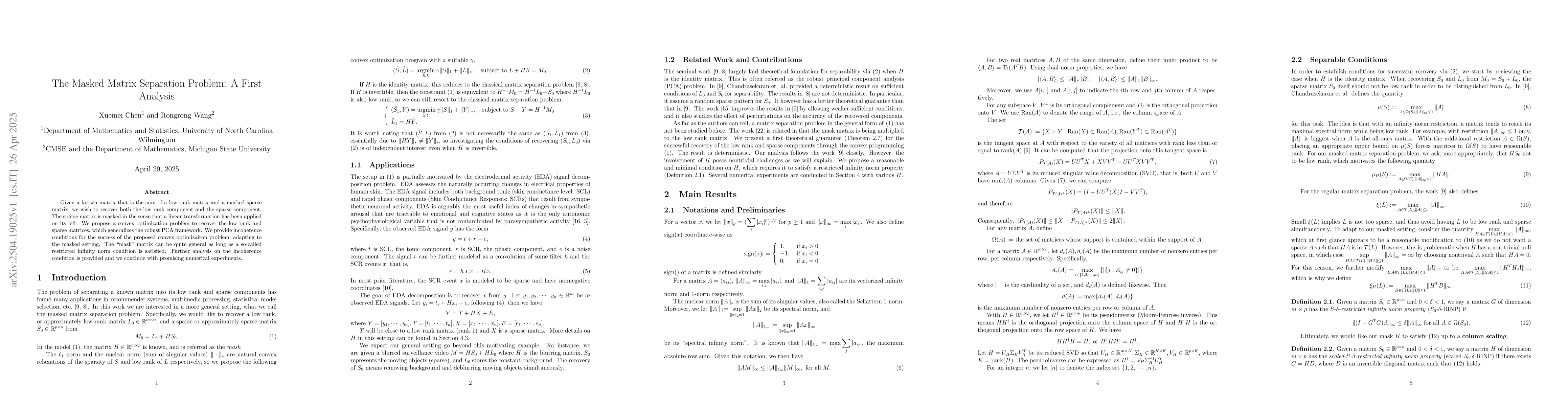 Thumbnail for The Masked Matrix Separation Problem: A First Analysis