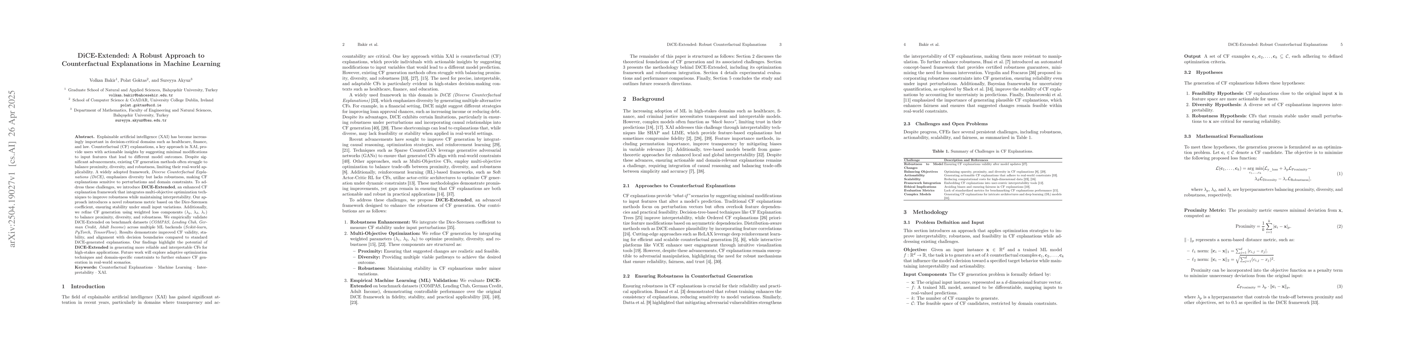 Thumbnail for DiCE-Extended: A Robust Approach to Counterfactual Explanations in
  Machine Learning