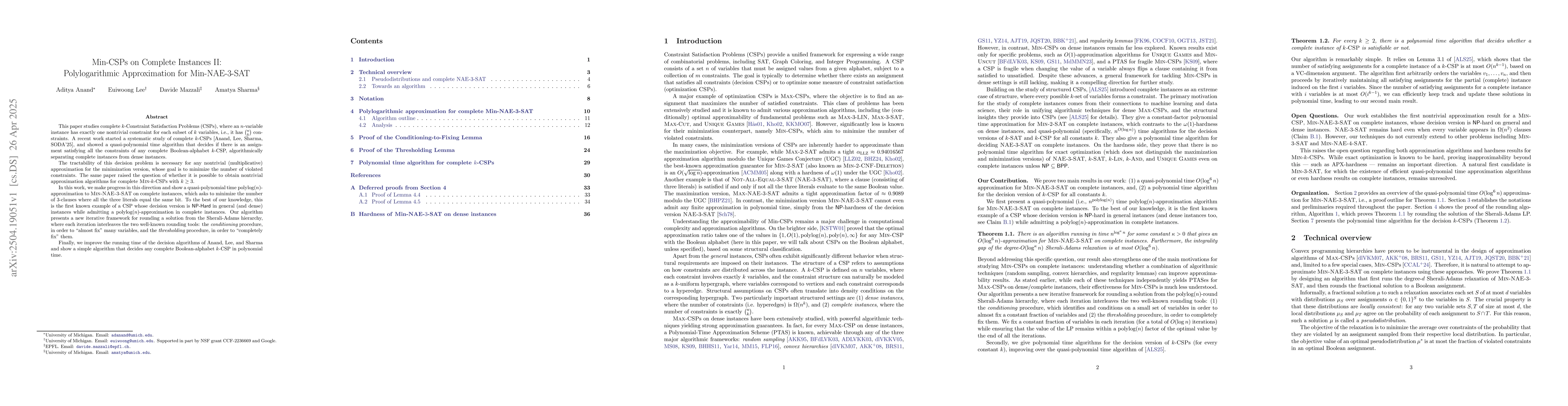 Thumbnail for Min-CSPs on Complete Instances II: Polylogarithmic Approximation for
  Min-NAE-3-SAT