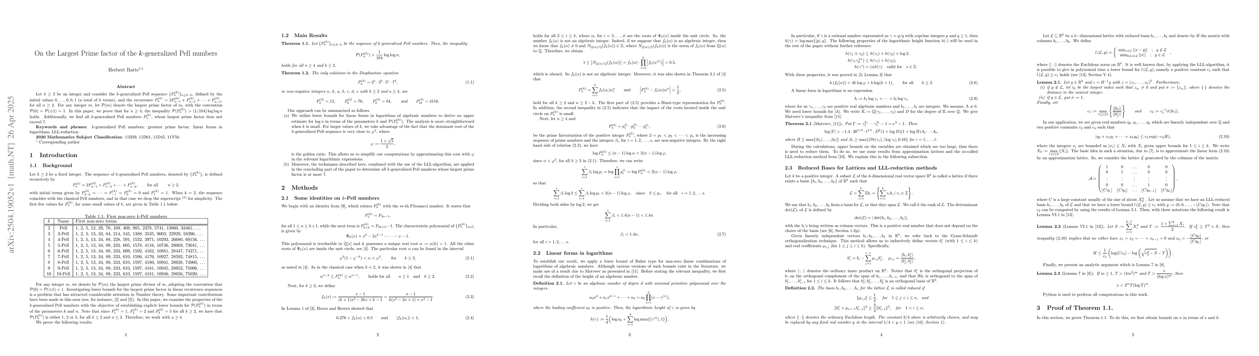 Thumbnail for On the Largest Prime factor of the $k$-generalized Pell numbers