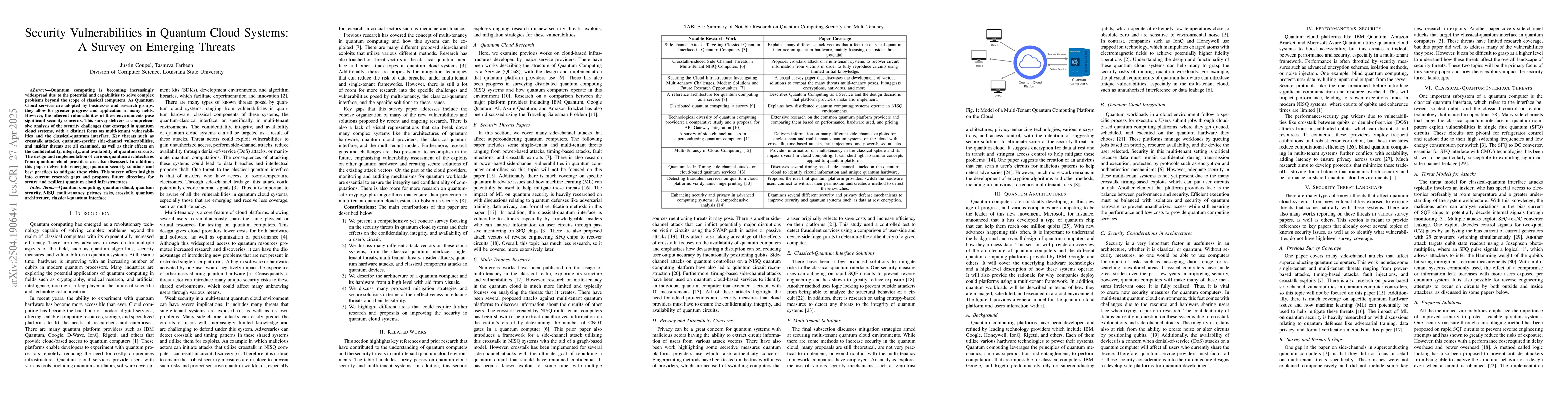 Thumbnail for Security Vulnerabilities in Quantum Cloud Systems: A Survey on Emerging
  Threats