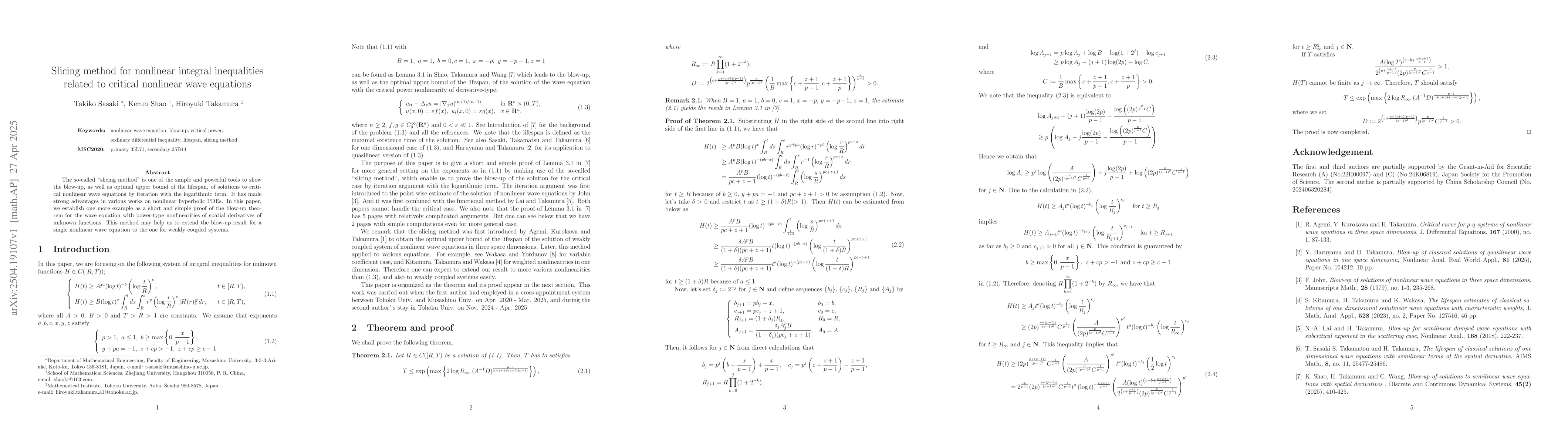 Thumbnail for Slicing method for nonlinear integral inequalities related to critical
  nonlinear wave equations