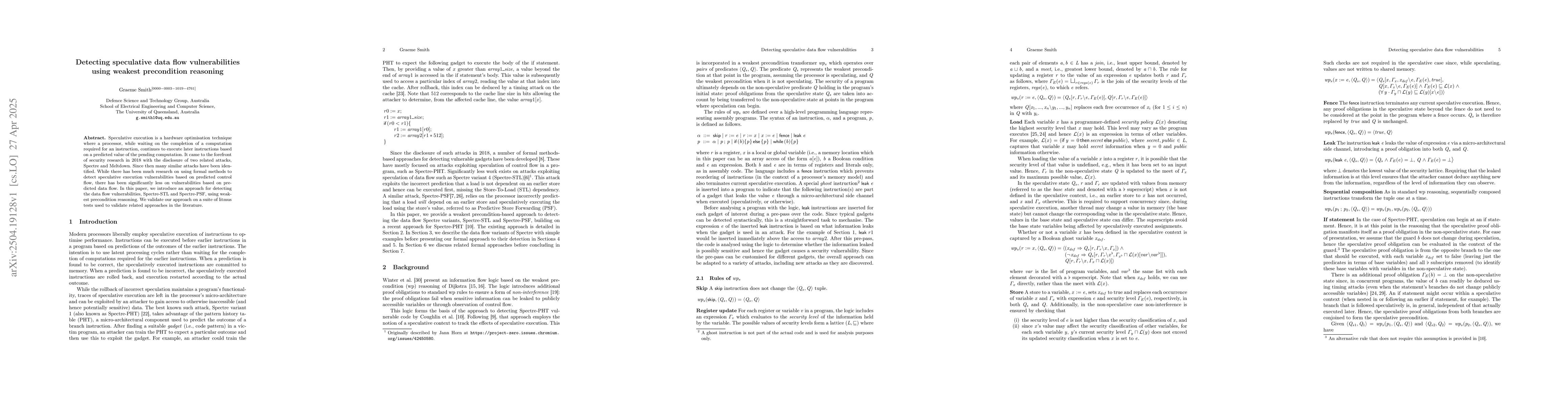 Thumbnail for Detecting speculative data flow vulnerabilities using weakest
  precondition reasoning