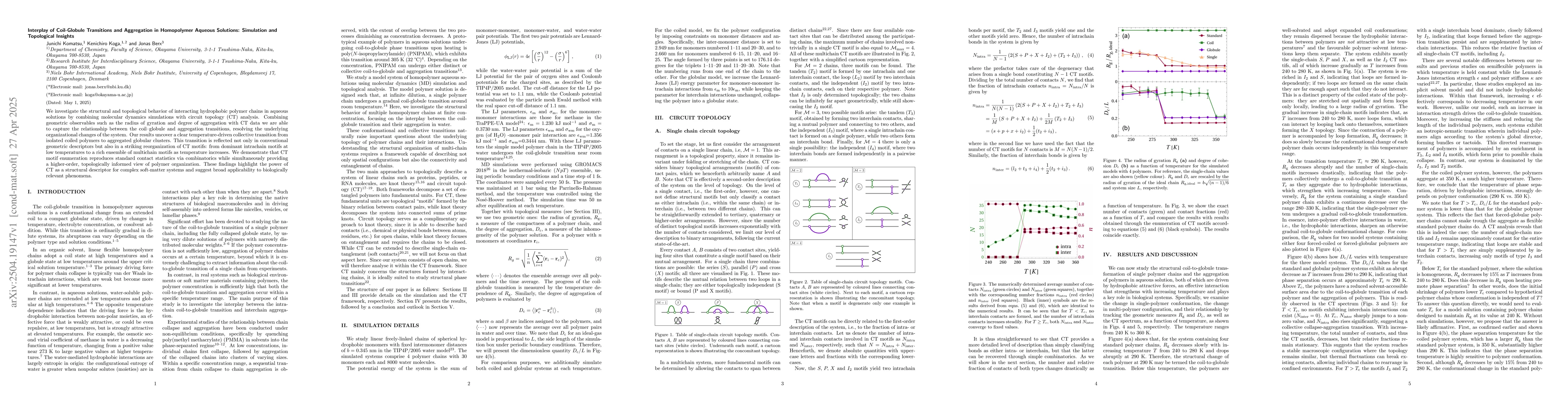 Thumbnail for Interplay of Coil-Globule Transitions and Aggregation in Homopolymer
  Aqueous Solutions: Simulation and Topological Insights