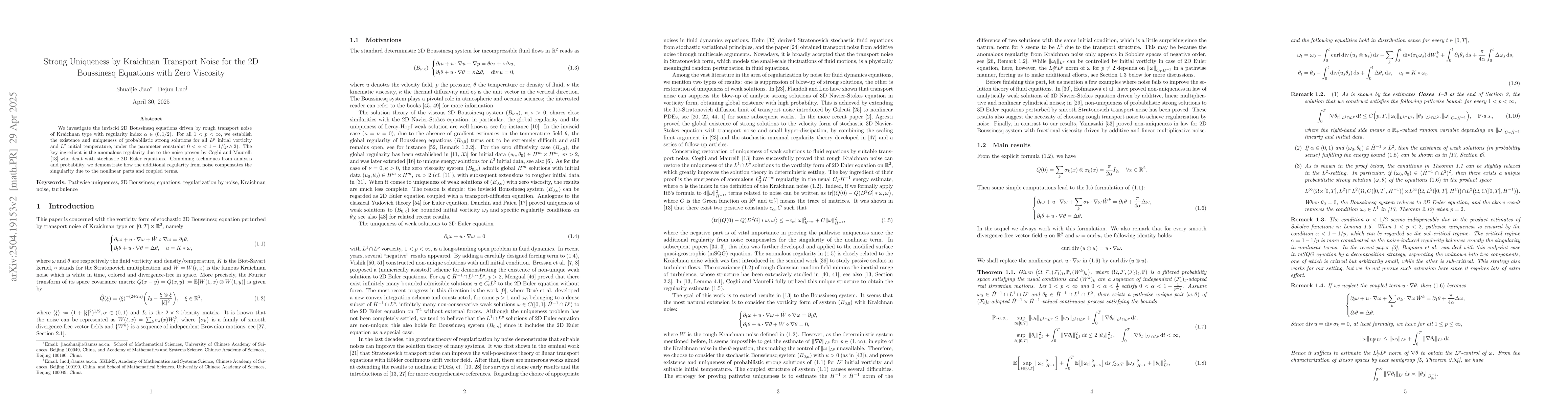 Thumbnail for Strong Uniqueness by Kraichnan Transport Noise for the 2D Boussinesq
  Equations with Zero Viscosity