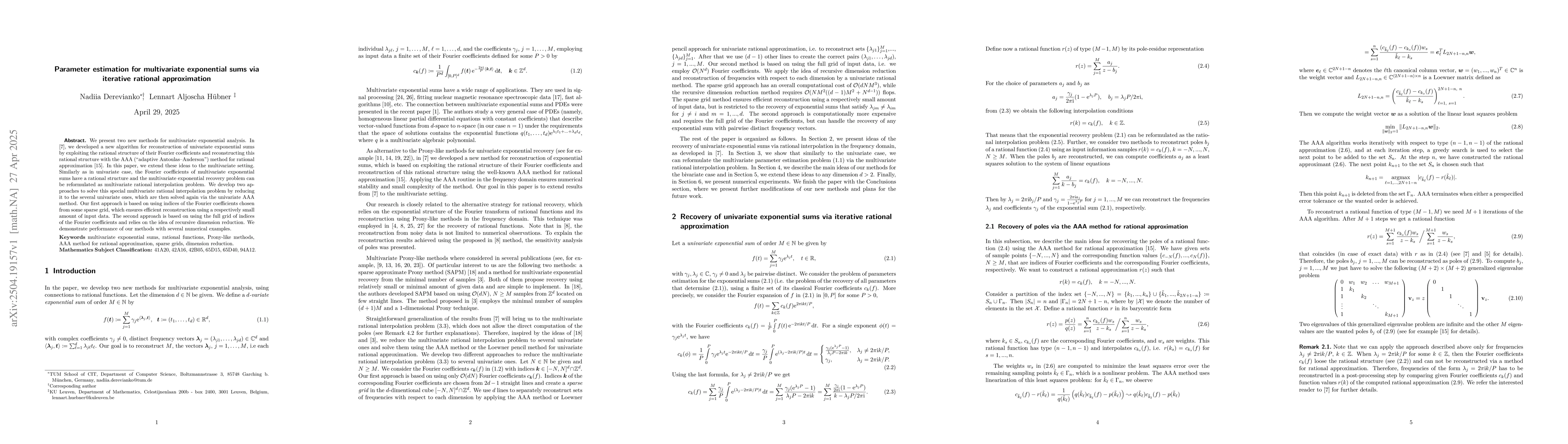 Thumbnail for Parameter estimation for multivariate exponential sums via iterative
  rational approximation